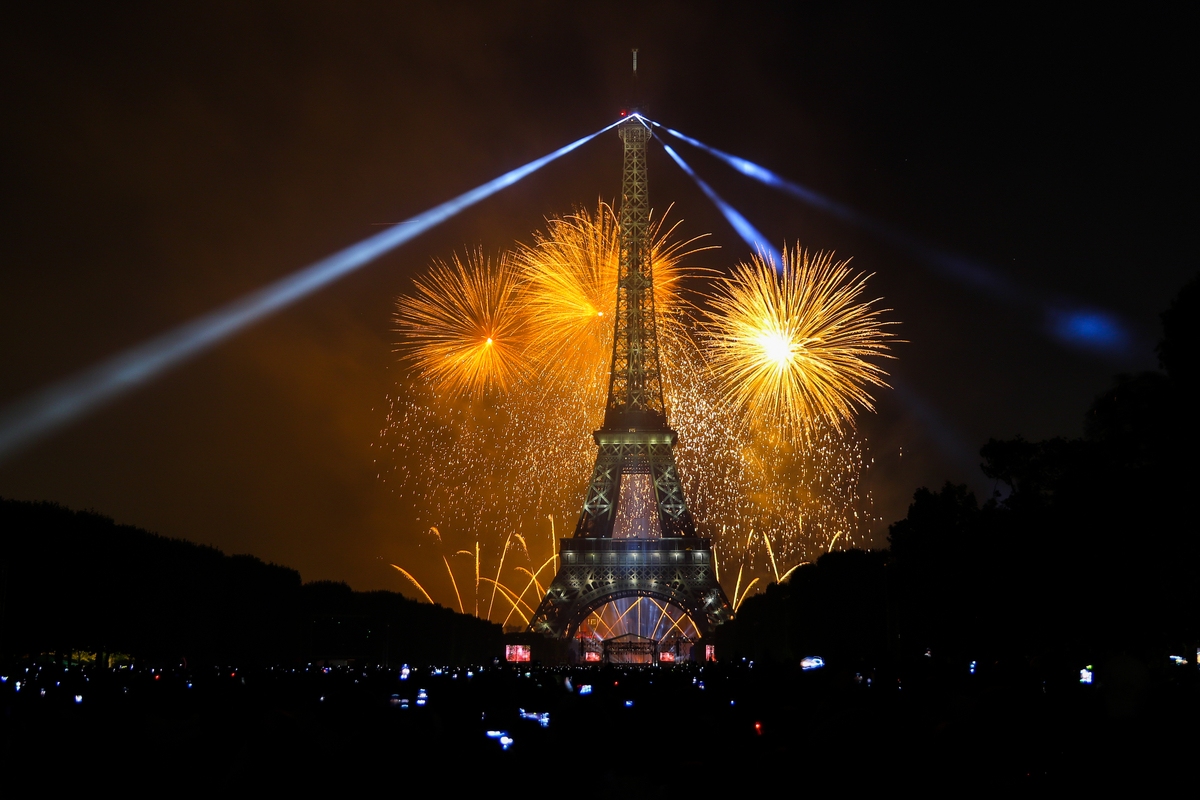 Bastille Day facts: Celebration fireworks at Eiffel Tower in Paris, France