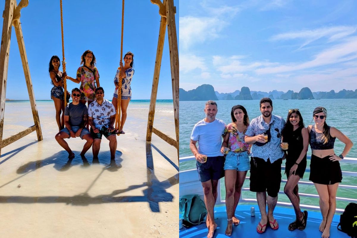 Michelle’s travel buddies first meeting in Hurghada, Egypt (left) and reuniting in Ha Long Bay, Vietnam (right)!