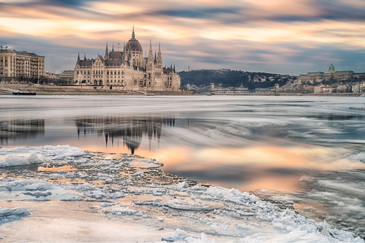 Drifting ice in the Danube river at Parliament in Winter.