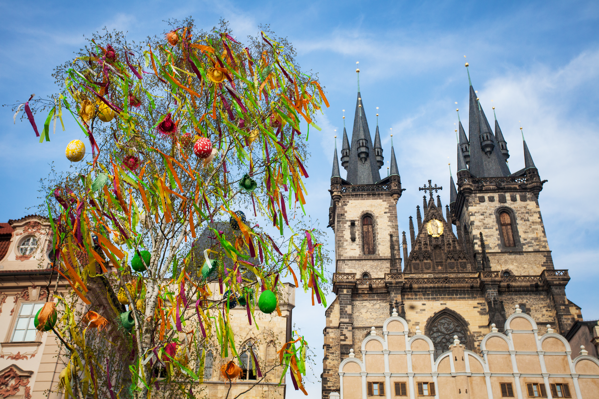 Easter market and tree Old Town Square Prague Easter break