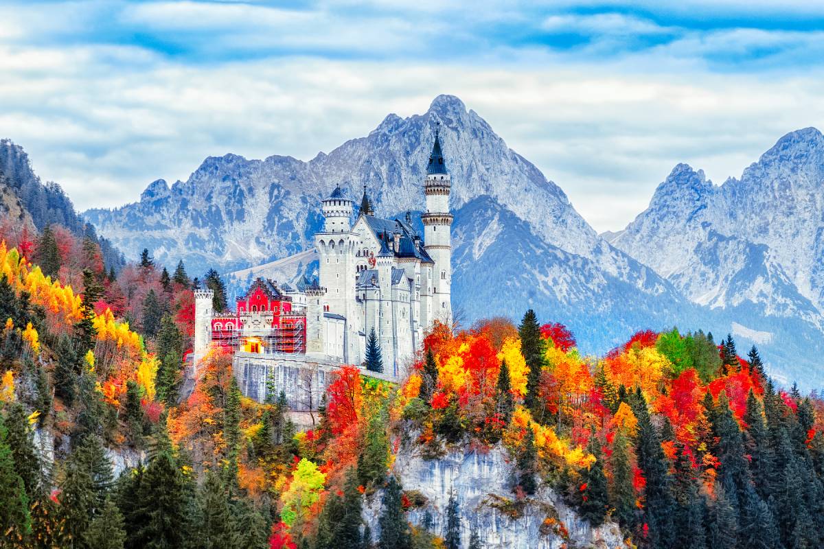 View of Neuschwanstein Castle in Bavaria, Germany at autumn
