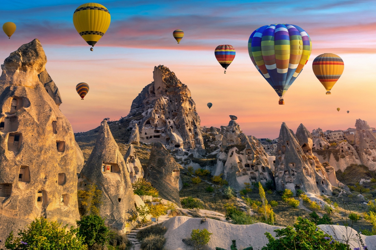 hot air balloons a sunrise in Cappadocia, Turkey, World Heritage Site